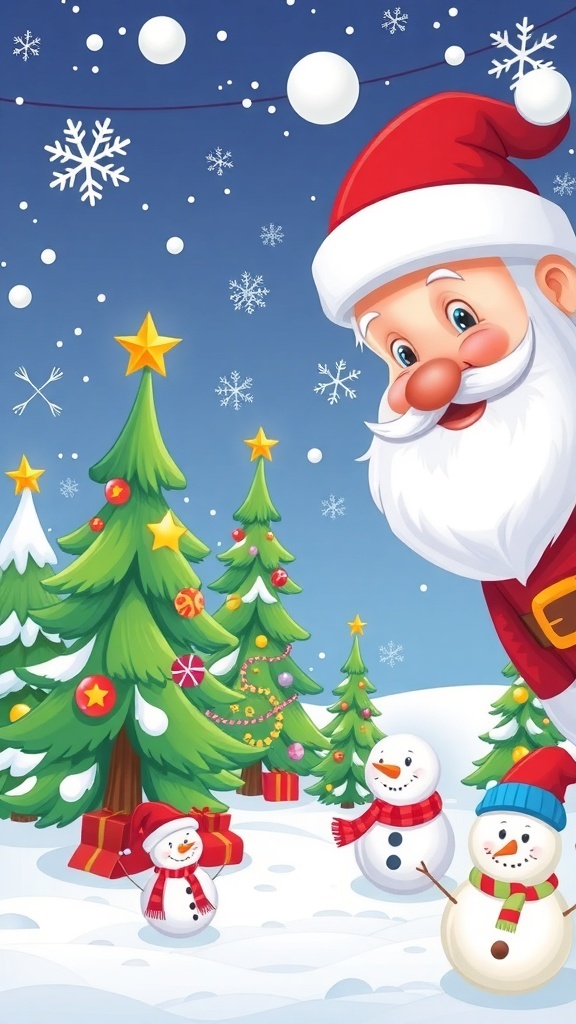 A cartoon Christmas background with Santa, trees, snowflakes, and snowmen in a snowy setting.